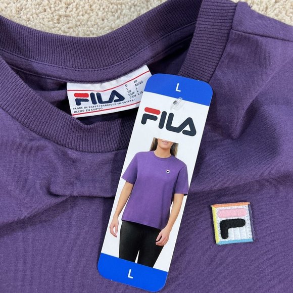 Fila Womens Tee L T-Shirt Purple Short Sleeve Crew Neck Jersey Logo Patch Grape - Picture 7 of 11